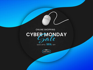 Wall Mural - Cyber Monday Sale Poster Design with 55% Discount Offer and Wired Mouse on Blue and Black Halftone Background.