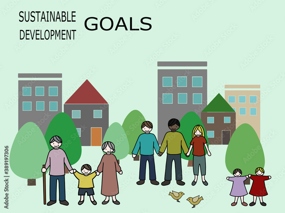 Sdgsの内容を分かりやすくイメージした ポスター風の手描きイラスト 人種や年齢 性別など関係なく 手を繋いで平等のイメージを説明 389197306 Miasta Plakaty Ecowall24 Pl