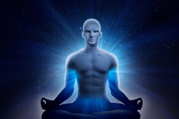 Wall Mural - strong man lotus pose with energy rays