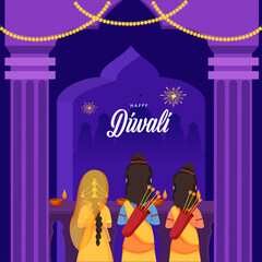 Sticker - Happy Diwali Celebration Background with Back View of Lord Rama, His Wife Sita and Brother Laxman Character.