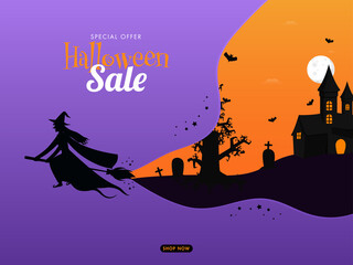 Poster - halloween sale poster design with silhouette witch flying at broom, castle and graveyard view on ful