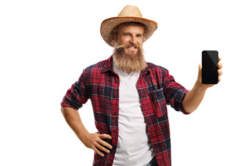 Poster - Young bearded farmer showing a smartphone