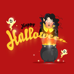 Wall Mural - Happy Halloween Font with Cartoon Ghosts, Witch Character and Cauldron Potion on Red Background.