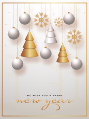 Canvas Print - Happy New Year Template Design with 3D Hanging Baubles, Golden Xmas Trees and Snowflakes Decorated on White Background.