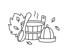 Sauna Or Bathhouse, Line Art Emblem For Coloring. Bath Tools For Russian Banya. Black Illustration Of Wooden Tub, Ladle, Hat, Broom, Leaves, Hot Steam. Contour Isolated Vector Icon, White Background