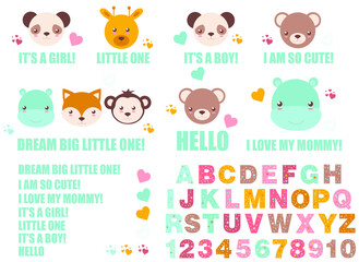  children's cute set with animal faces, inscriptions and hearts for creating postcards, posters, vector illustration on a white background