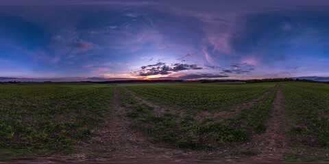 Wall Mural - full seamless spherical hdri panorama 360 degrees angle view on among farm fields in autumn evening before sunset with awesome clouds in equirectangular projection, ready for VR AR content