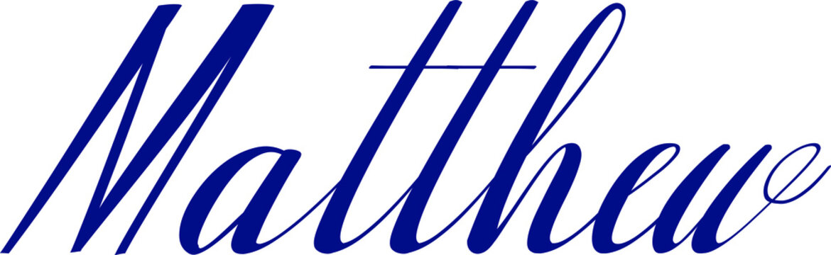 Matthew-Male Name Cursive Calligraphy Blue Color Text on Light Grey Background
