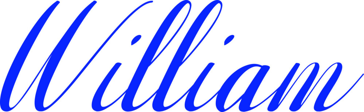 William -Male Name Cursive Calligraphy Blue Color Text on Light Grey Background