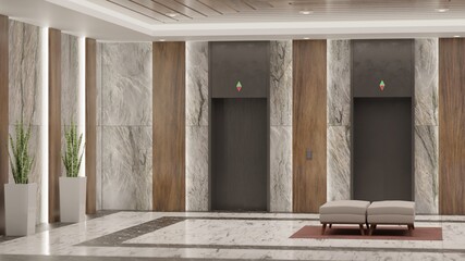 3d rendering luxury decoration at waiting area front of elevators