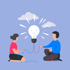 Aufkleber - Business people concept. Cartoon man and woman with light bulb. Brainstorming banner, corporate project management or insight in teamwork communication process. Vector flat company partnership