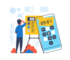 Poster - Deadline concept. Man and blackboard with goals and clock on smartphone screen. Freelance or office worker in stress, nervous male before giving work. Vector planning and time management application
