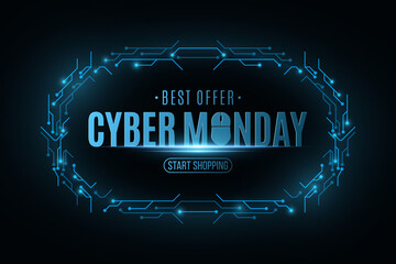 Poster - Cyber Monday Sale banner. Electronic circuit board frame. Big Business Technology Sale Event. Vector illustration