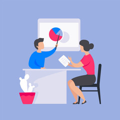 Poster - Office characters. People sitting at table, studying documents and information diagrams. Man and woman communication and project management, partnership social relations. Vector business concept
