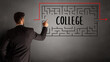 © ra2 studio - businessman drawing maze with COLLEGE inscription, business education concept