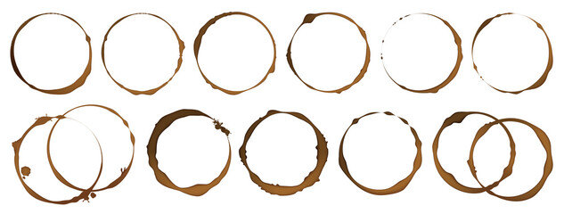 Poster - Coffee cup stain. Realistic tea isolated circles on white background, brown drink, cappuccino or espresso coffee round marks, spilled dark liquid. Vector set of decorative elements for restaurant menu