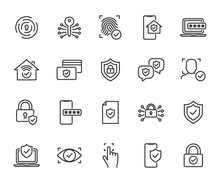 Vector Set Of Security Line Icons. Contains Icons Digital Lock, Cyber Security, Password, Smart Home, Computer Security, Electronic Key, Fingerprint And More. Pixel Perfect.
