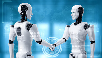 3D rendering humanoid robot handshake to collaborate future technology development by AI thinking brain, artificial intelligence and machine learning process for 4th industrial revolution.