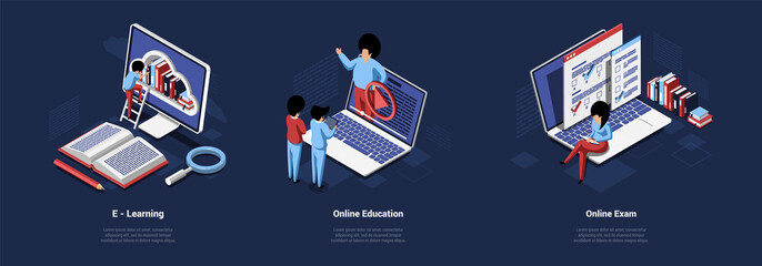 Poster - Isometric 3D Illustration Of Three Concepts Of Online Education, Remoted Learning And Exam Taking On Dark Background With Writings. Cartoon Vector Composition With Computer Screen, Laptops And People