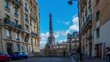 4k timelapse video of the cozy street with view of Eiffel Tower in Paris.Romantic view from a small paris street on a cloudy autumn day in spring summer - wide horizontal panorama
