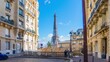 4k timelapse video of the cozy street with view of Eiffel Tower in Paris.Romantic view from a small paris street on a cloudy autumn day in spring summer - wide horizontal panorama