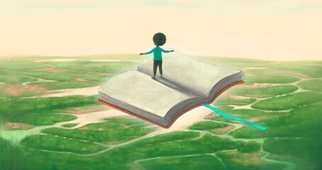 Education￼ imagination learning dream and freedom concept, boy riding flying ￼book. surreal painting. Fantasy art, conceptual artwork, happiness of child illustration
