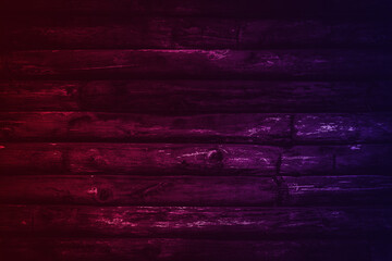 Neon light on wood plank wall texture background. Lighting effect red and blue neon background wood wall Paneling texture.