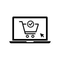 Poster - laptop with trolley on screen. notebook with cart vector icon. online shopping concept. flat design 