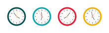 Set Of Color Clocks. Wall Clocks With Different Colors Design. Vector Colorful Wall Clock Collection. Vector Illustration