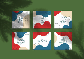 Poster - Minimalist Template New Year Cards Mock Up Design. Vector Collage with Flyers Graphic Design with Christmas Tree Shadow Overlays. Editable Background Design for Brand Social Media.