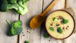 © Oksana - Selective focus. Vegetable cream soup with broccoli in a bowl. Healthly food. Delicious vegan puree soup.