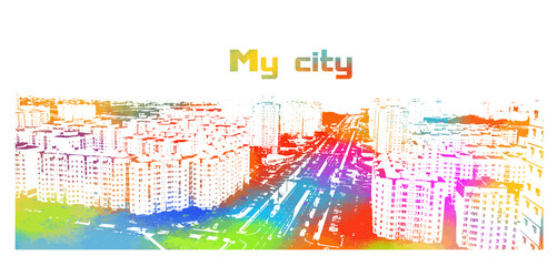 Wall Mural - Rainbow City. There are many houses on the street. Vector illustration