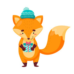  Cute vector fox with a gift and a hat. Christmas design.