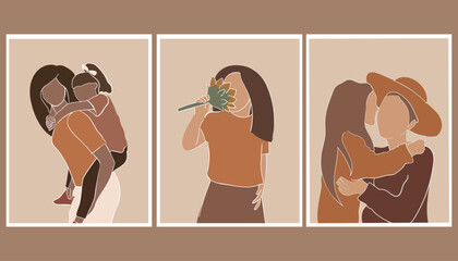 set of posters with mom and baby. abstraction. modern art. vector illustration.