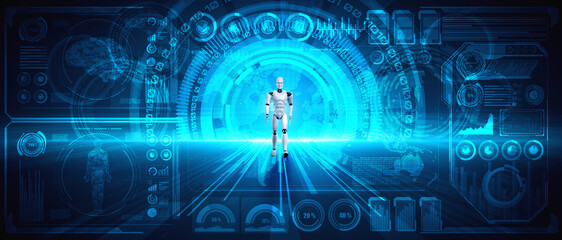 3d rendering robot humanoid analyzing big data using ai thinking brain and machine learning process 