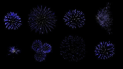 Dark blue fireworks set isolated on black background. High resolution image