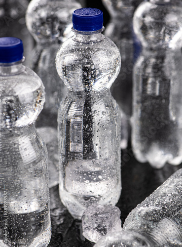 Chilled bottled sparkling water (close-up shot)