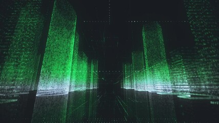 Wall Mural - bright digital city wireframe in green and white colors consist of particles linked in lines into abstract skyscrapers around camera motion. Digital technology and communication concept background. 3D