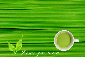 Wall Mural - Cup of green tea on green leaves background