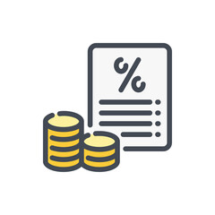 Poster - Credit and loan processing color line icon. Financial document with percentage and stack of coins vector outline colorful sign.