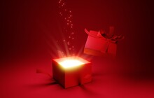 Open Gift Box With Ray Of Light Effect On Red Background. 3d Rendering