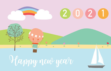 Wall Mural - Cute natural background with sea,ship,mountain,balloon.Happy new year 2021