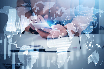 Poster - woman with phone in office, map and graph