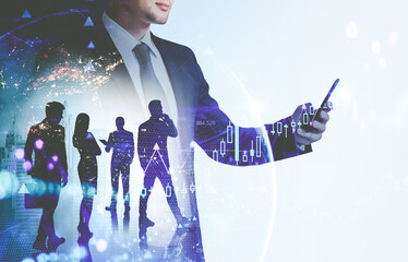 Poster - Man with phone, team and map