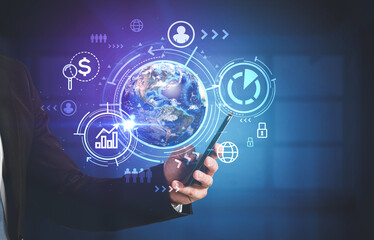 Poster - man with smartphone, map and graph