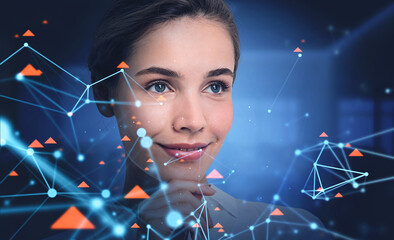 Poster - smiling young woman and network interface