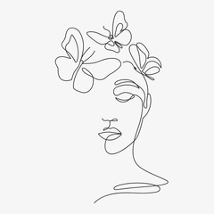 Woman head with flowers composition. Hand-drawn vector line-art illustration. One Line style drawing.