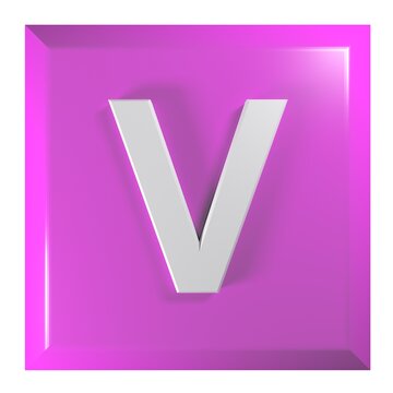 Pink square push button with the alphabetic letter V - 3D rendering illustration