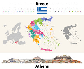 Wall Mural - greece administrative divisions map. athens cityscape. vector illustration