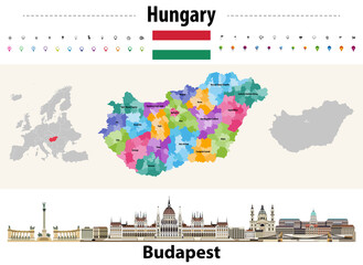 Wall Mural - hungary administrative divisions map. budapest cityscape. vector illustration